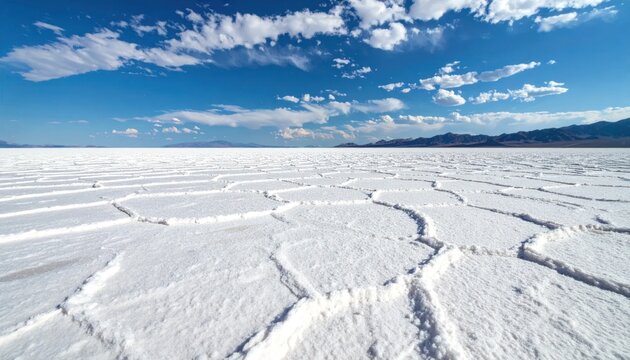 Geometric crust patterns on a white salt flat surface.