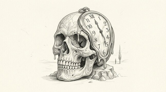 Skull with melting clock in desert setting