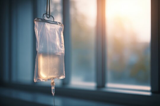 Intravenous iv bag hanging in a hospital ward with golden hour light and cinematic bokeh for healthcare and medical service advertising