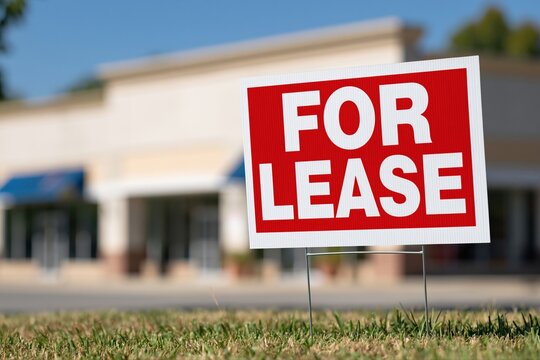 Red and White 'For Lease' Sign on Grass Outside Commercial Building for Rent