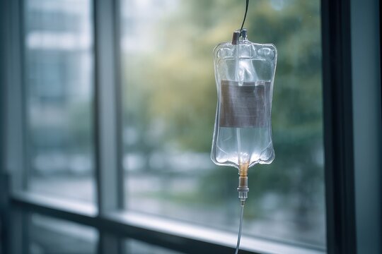 Iv saline bag hanging in a clinical hospital room with soft window light and beautiful bokeh for healthcare marketing