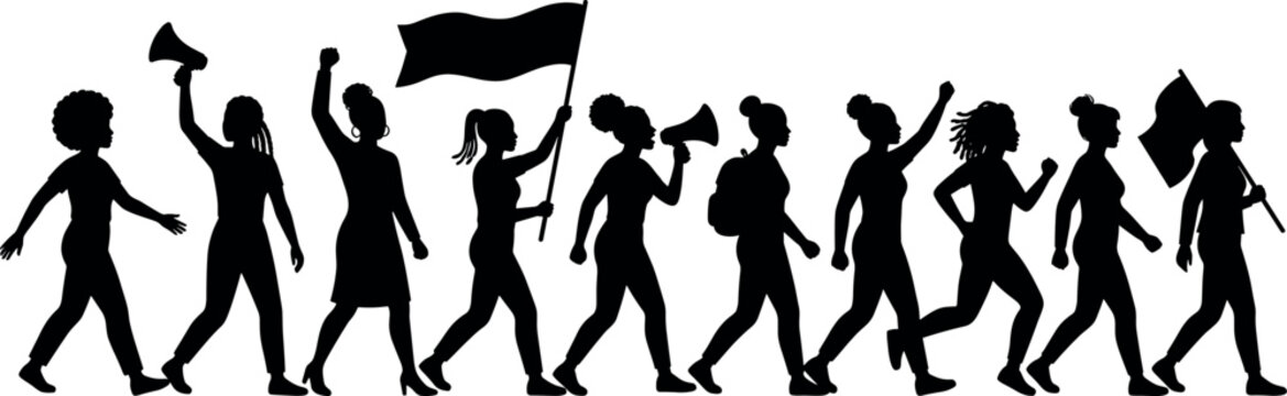 Protest march and women demonstration silhouette vector bundle featuring activists holding flags megaphones and raising fists in crowd parade