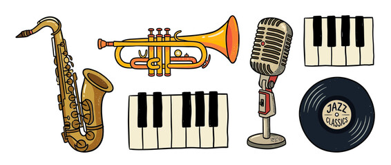 Naklejka premium Vintage Musical Instruments and Recording Equipment Illustration