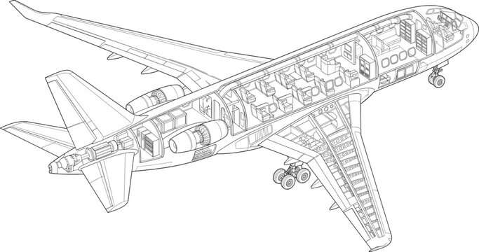 Cutaway Commercial Passenger Airplane Interior CAD Line Art Vector Engineering Illustration