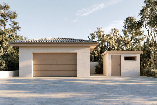 Modern house exterior architectural visualization minimalist garage flat roof concrete wall beige facade residential building outdoor driveway modern home tree background sunlight contemporary