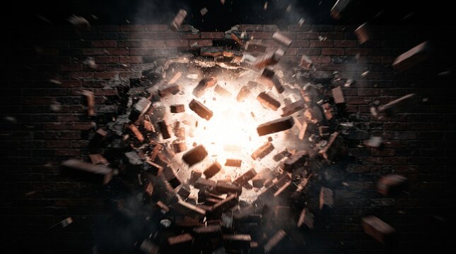 A powerful explosion bursts through a brick wall, sending fragments flying and illuminating the scene with a bright light and smoke