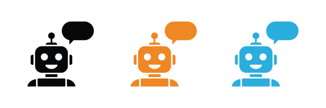 AI Chatbot icon featuring robot and speech bubble for virtual assistant communication, customer service, mobile apps, websites, and artificial intelligence technology.
