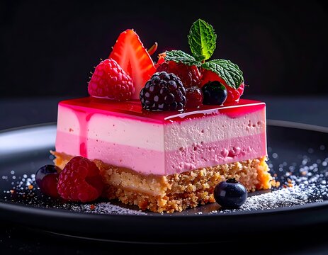 Delicious Berry Mousse Cake Slice with Fresh Fruit Topping.