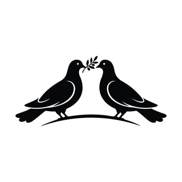 Two turtle doves sitting on a branch sharing an olive leaf sprig silhouette illustration.