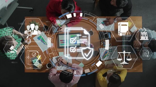 Collaboration in the Workplace with Digital Interface Overlays Showing Data Analysis and Project Management Concepts Sigmoid