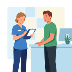 Fototapeta premium Nurse taking notes from patient at reception desk, modern flat design illustration.