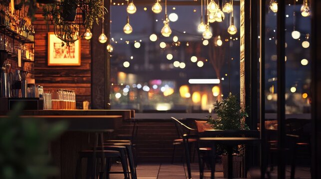 String lights hang above a quiet cafe terrace in the evening while city bokeh glows in the background.