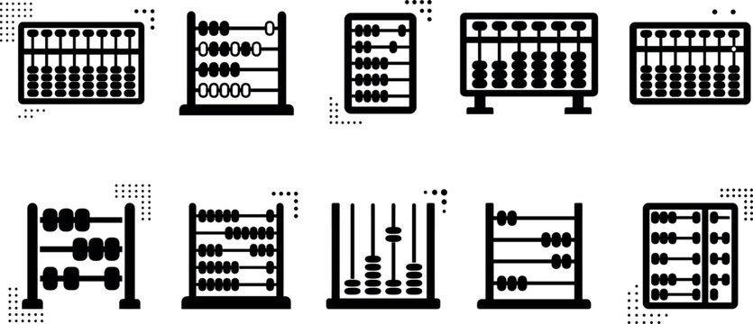 Traditional and modern abacus tool vector icon collection featuring various counting frames for mathematics education, mental arithmetic, and history teaching.