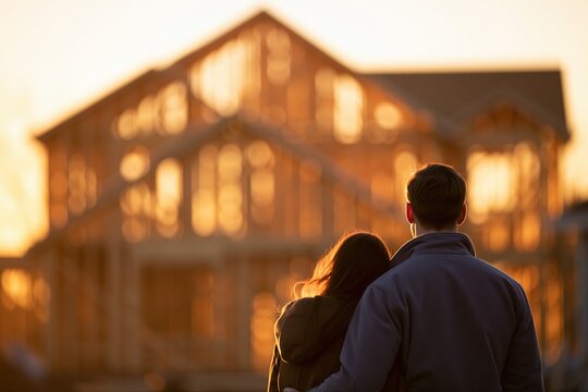Couple admiring unfinished home construction at sunset, symbolizing new beginnings and future dreams