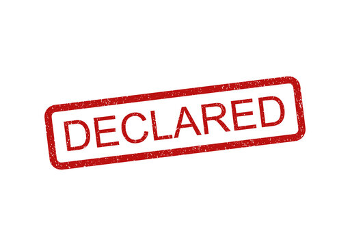 Red ink rubber stamp with the word declared inside a rectangular frame isolated on transparent background