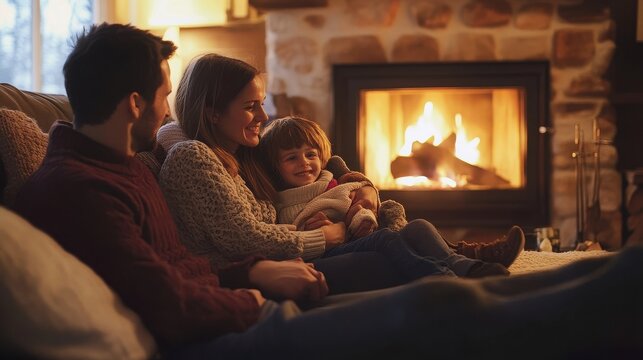 Family sits together on a comfortable sofa while enjoying the warmth of a burning fireplace at home.