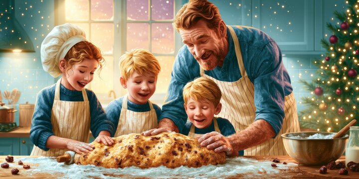 Father and Children Baking Traditional Christmas Fruit Bread