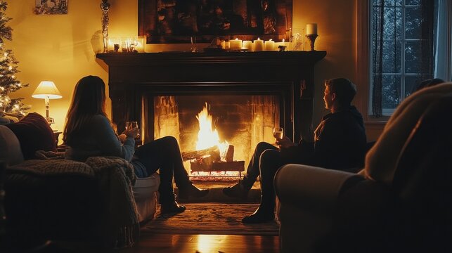 Couple relaxes on a couch in front of a warm fireplace during a cozy evening at home together.