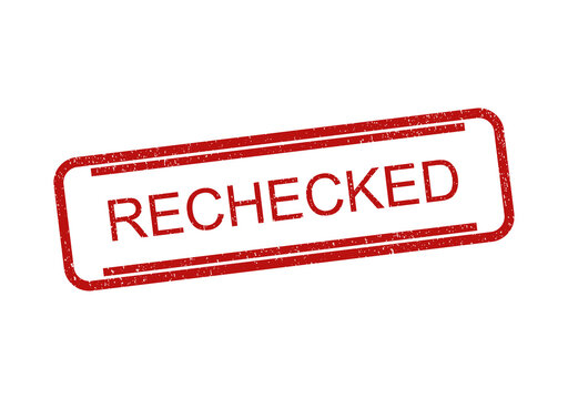 Red ink rubber stamp with the word rechecked inside a rectangular frame border isolated on transparent background
