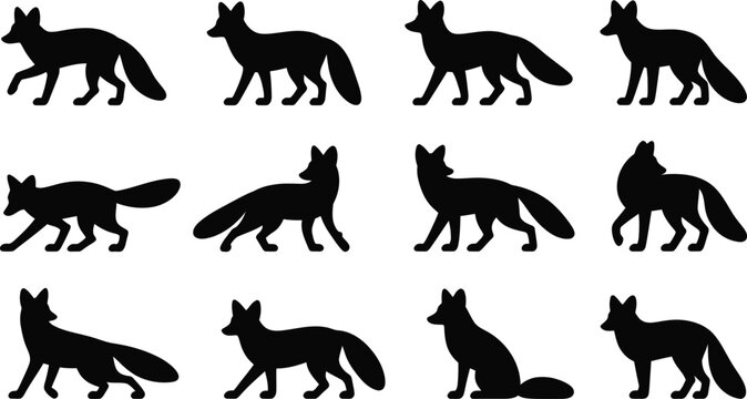 Collection of various fox poses and movements displayed in a distinctive black and white artistic style silhouette