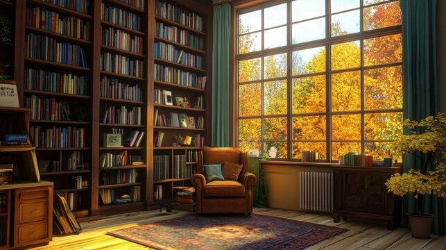 Autumn study room displays a leather armchair placed near a expansive window showcasing golden fall foliage on the trees outside.