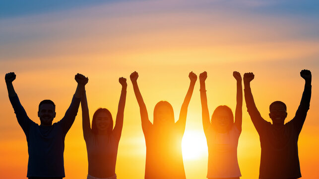 Diverse group at sunset with raised arm in silhouette, symbol of success and unity