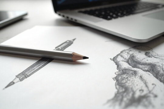 Close up of drawing pencil on paper showing black and white artistic pencil sketch next to modern laptop computer technology device