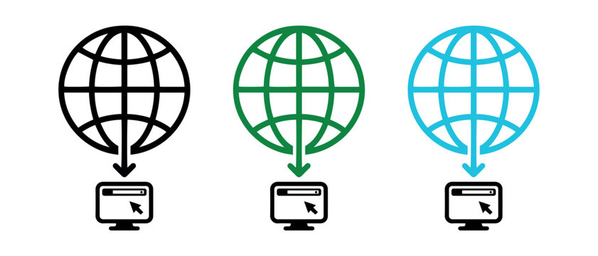 Set of flat globe vector icons with downward arrow pointing to a desktop computer monitor showing a browser window and cursor
