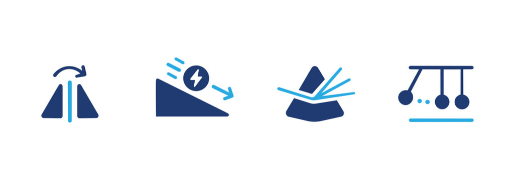 Physics icon set. Contains icons for reflection, kinetic energy, prism, and momentum. Solid icon illustration pack.