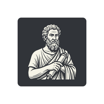 Classical engraving of bearded scholar holding ancient scroll.