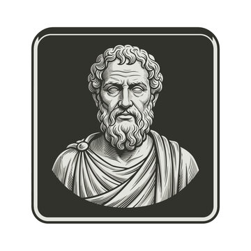 Classical bust of ancient Greek philosopher on dark background.