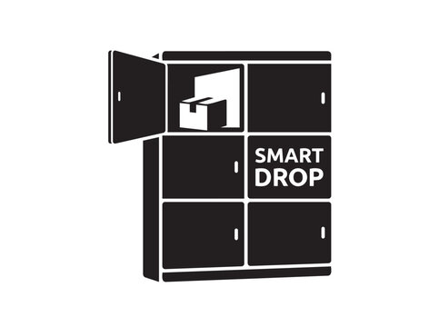 Parcel locker cabinet with an open door and package inside demonstrates modern automated delivery service on white background.