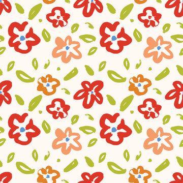 The strokes look like flowers drawn by hand in a seamless pattern. Grunge brush texture. Simple daisy.