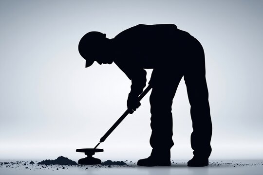 Silhouette of a worker using a metal detector, searching for hidden objects on the ground