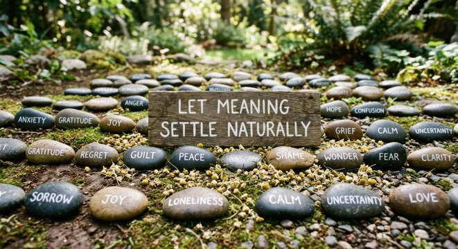 Let Meaning Settle Naturally wooden sign surrounded by word-engraved stones in a tranquil forest path