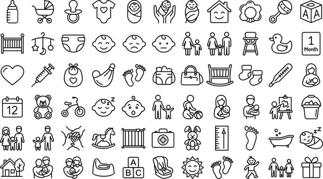 Large black outline baby care icon bundle representing infancy parenting family toys clothes nursery items and newborn growth