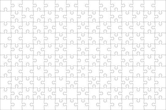 Detailed various shapes puzzle grid overlay. Jigsaw puzzle blank template. 15x10 shapes, 150 pieces. Separate matching puzzle elements. Vector png