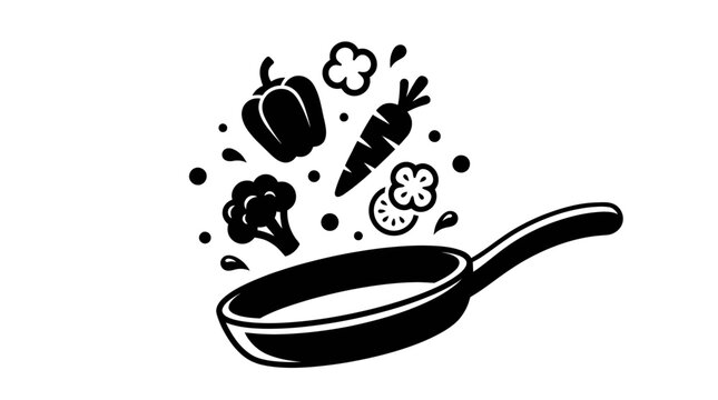 Dynamic black and white vector art captures fresh garden vegetables exploding upward from a tilted cooking pan in a playful stir-fry motion on a plain background