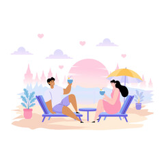 Fototapeta premium Couple relaxing on beach chairs at sunset.