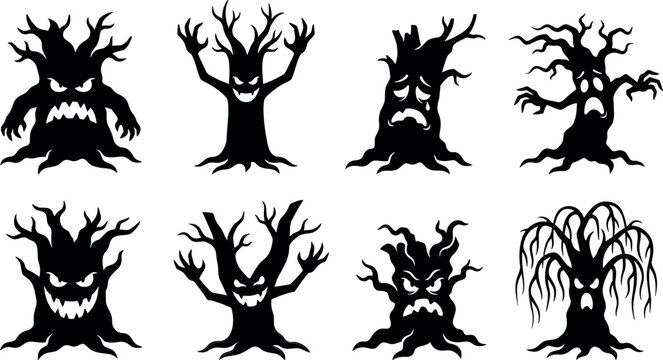 Spooky Halloween scary tree silhouettes with creepy faces angry monsters branches vector illustration icon collection set