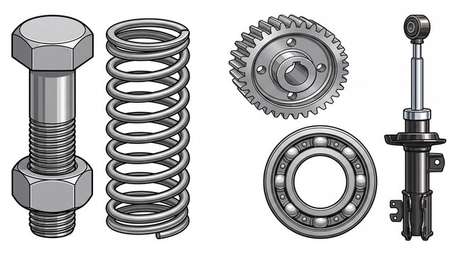 Mechanical engineering parts including bolt spring gear bearing and shock absorber isolated on white background