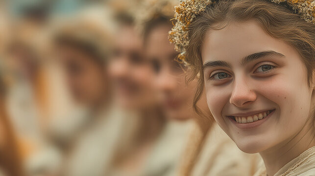Joyful Young Women Wearing Traditional Floral Crowns Celebrating During The San Isidro Festival In A Vibrant Cultural Gathering