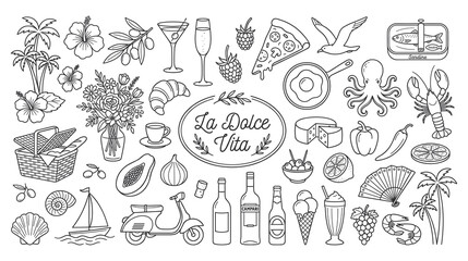 Charming hand drawn icons of Italian lifestyle elements for vacation and food themes. © Md