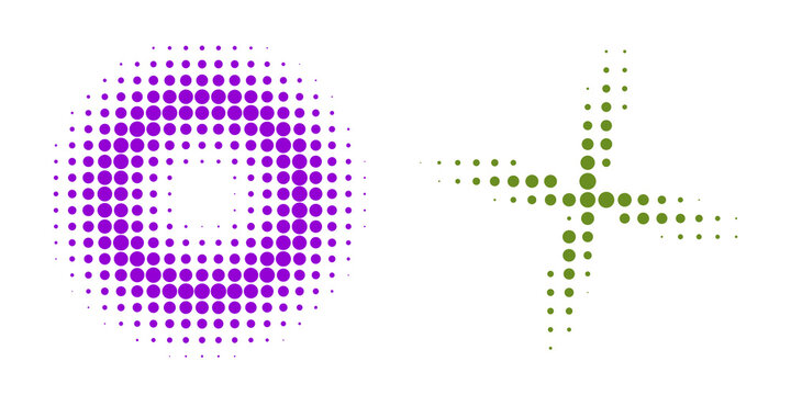 Colorful geometric pixel art icons with purple circle and green cross design isolated on transparent background