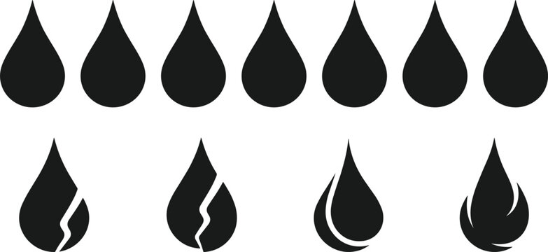 Liquid droplet silhouette icon collection presenting simple water blobs engine oil splatters and creative abstract split teardrop shapes