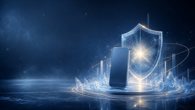 Digital security concept with a glowing shield protecting a smartphone, cyber security and data protection technology background with copy space, 光るシールドがスマートフォンを守るデジタルセキュリティのイメージ サイバーセキュリティと情報保護のテクノロジ