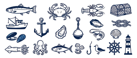 Nautical vector illustrations of seafood and maritime elements © gedang
