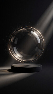 Minimal dark product display podium with a transparent glass sphere and glowing ring, spotlight and dust particles, vertical showcase background, 透明なガラス球と光のリングを配したミニマルな暗い商品ディスプレイ台 スポットライトと粒子 縦型ショーケース背