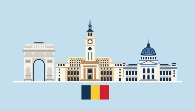 Bucharest city skyline illustration featuring historic monuments like Arcul de Triumf and the national flag of Romania.