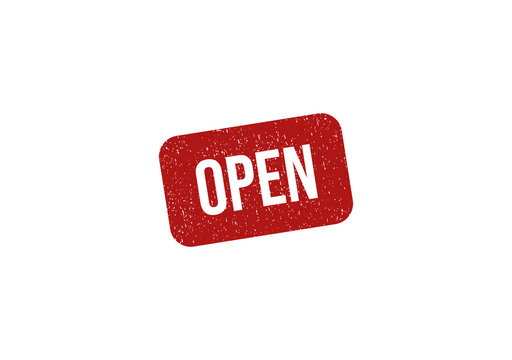 Red rubber stamp with the word open printed on a textured rectangular shape isolated on transparent background